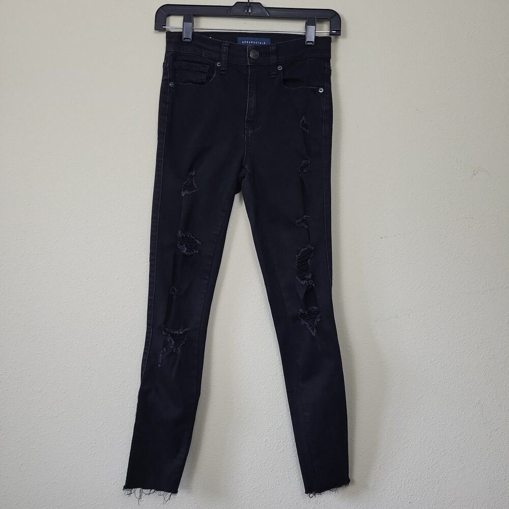 Aeropostale Womens Black Distressed High Wasited Denim Ankle‎ Jegging Jeans Sz 0